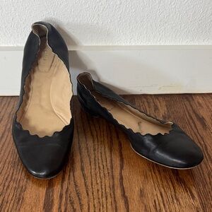 Chloe Black Leather Scalloped Flats Lauren Ballerina, Sz 39